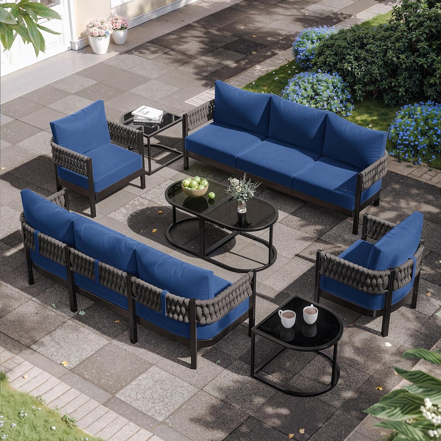Aluminum Patio Furniture Set,5 Pieces HDPE Rope Patio Conversation Sets with Modular Coffee Table,Metal Outdoor Sectional Furniture w/5.9" Thick Cushions for Porch,Deck,Backyard,Navy Blue