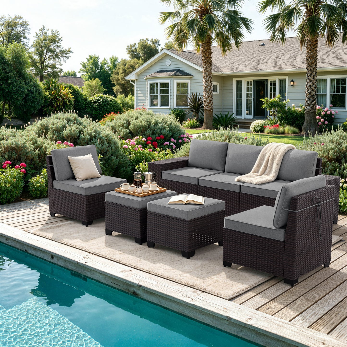 ALAULM 8PCS Outdoor Conversation Set, Wide Armrest Patio PE Rattan Wicker Sectional Sofas with Ottoman for Backyard, Porch, Sand