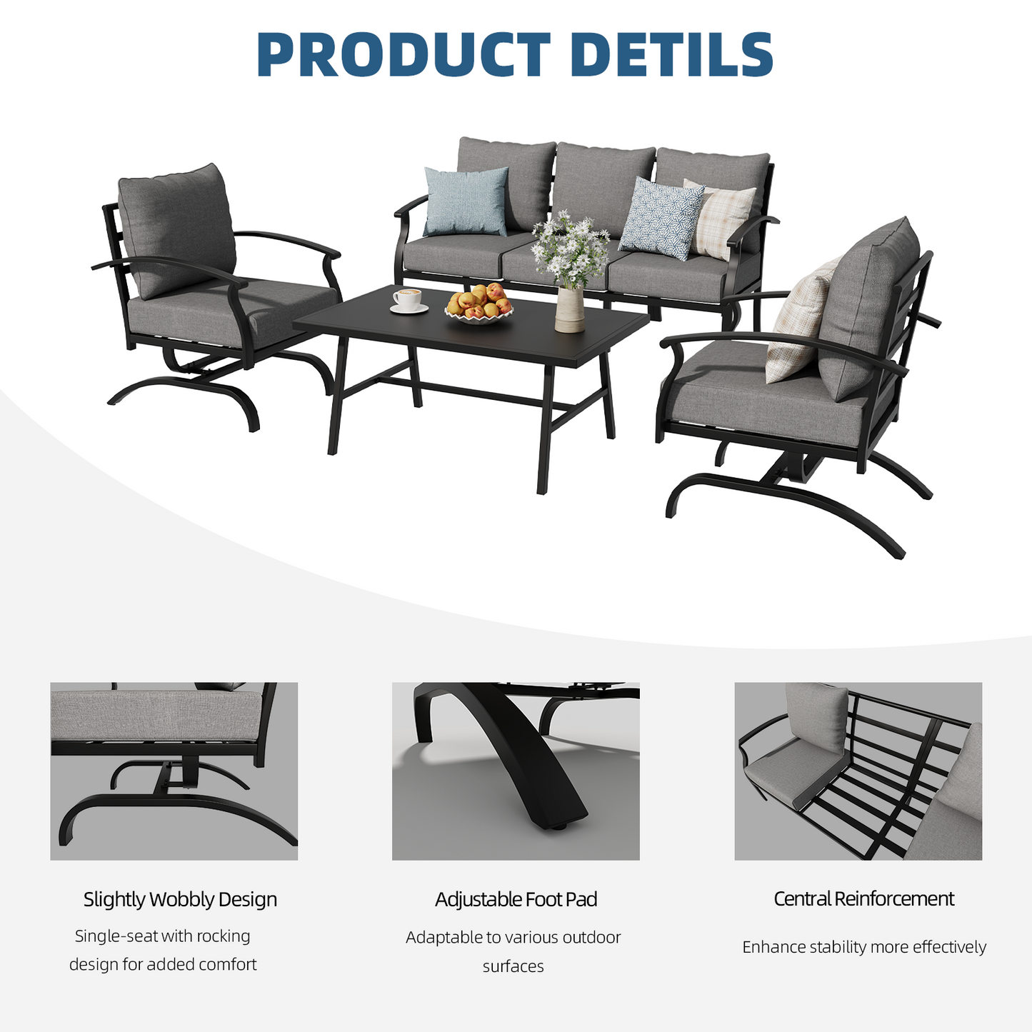 ALAULM 4 Piece Patio Furniture Set,Outdoor Metal Patio Furniture with Coffee Table & Rocking Chairs Conversation Set for Porch,Backyard,Poolside, Garden