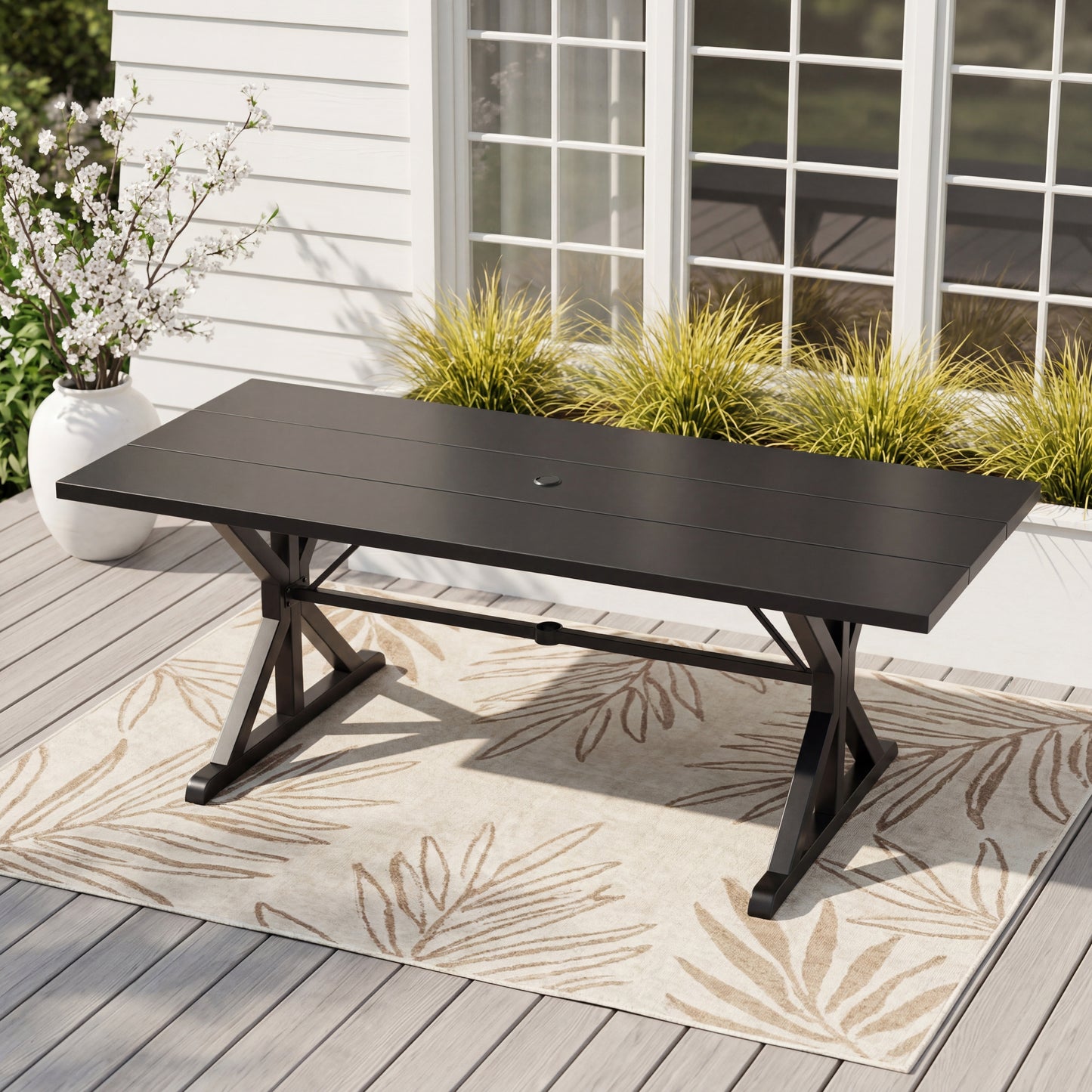 ALAULM 78.2" Rectangular Heavy-Duty Metal Dining Table, Modern Outdoor Patio Table for 8 People, Robust Metal Frame & Reinforced Metal Legs (Brown with Golden Flecks)