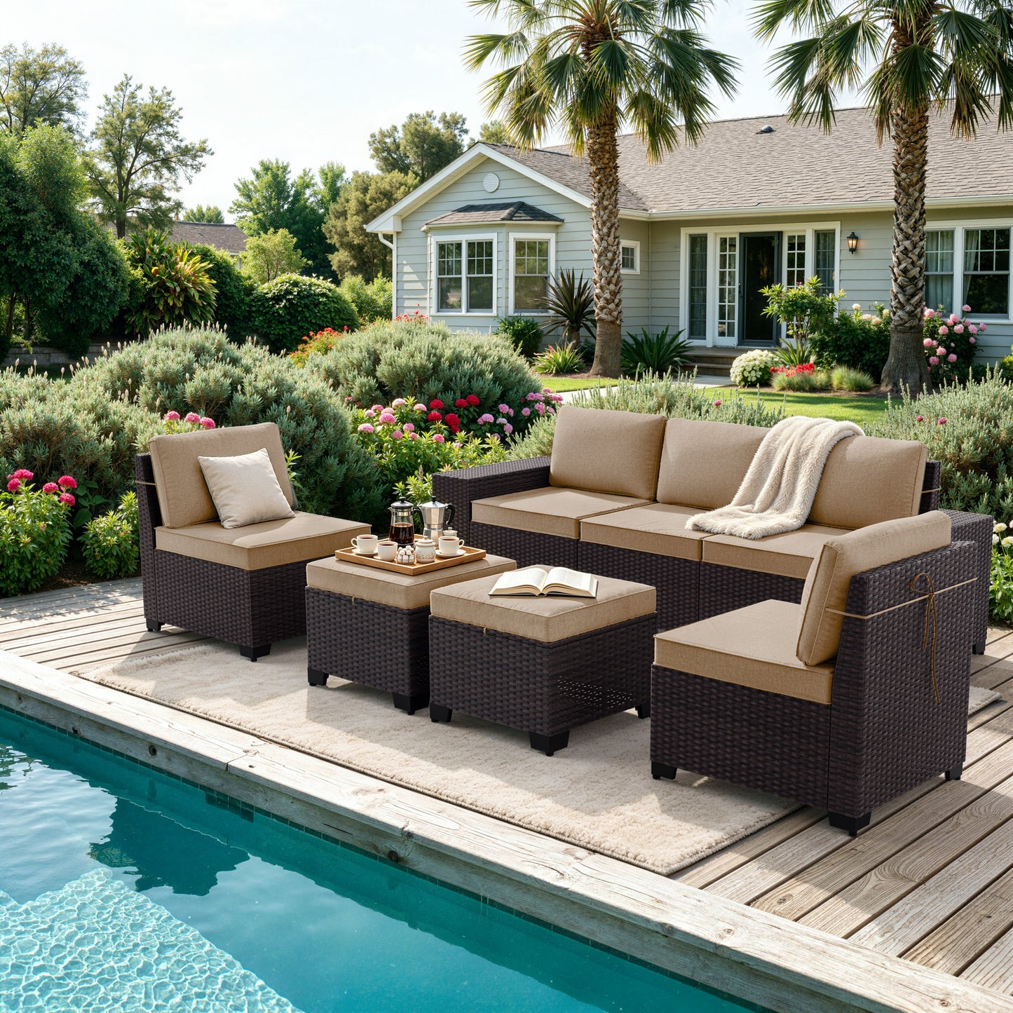 ALAULM 8PCS Outdoor Conversation Set, Wide Armrest Patio PE Rattan Wicker Sectional Sofas with Ottoman for Backyard, Porch, Sand