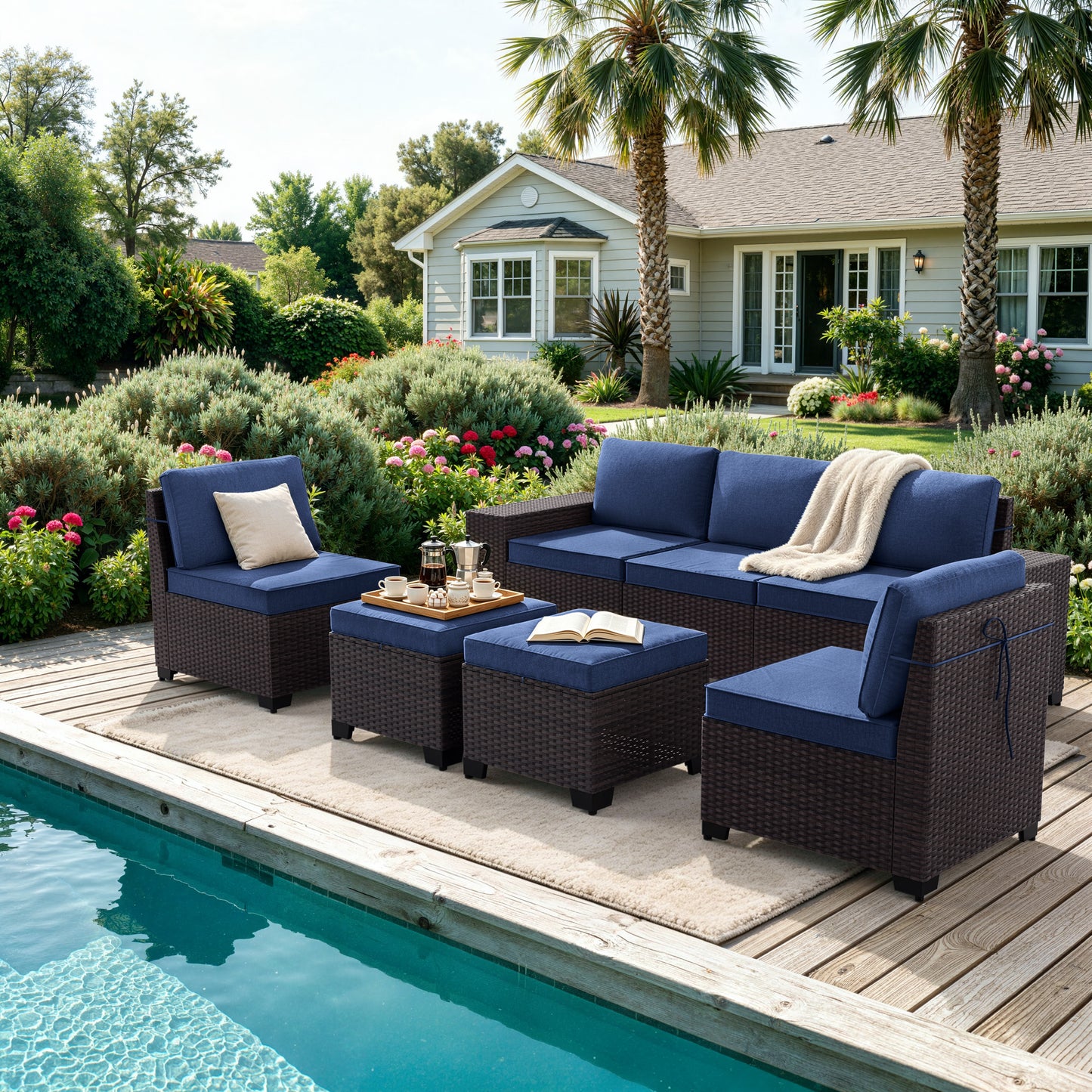 ALAULM 8PCS Outdoor Conversation Set, Wide Armrest Patio PE Rattan Wicker Sectional Sofas with Ottoman for Backyard, Porch, Sand
