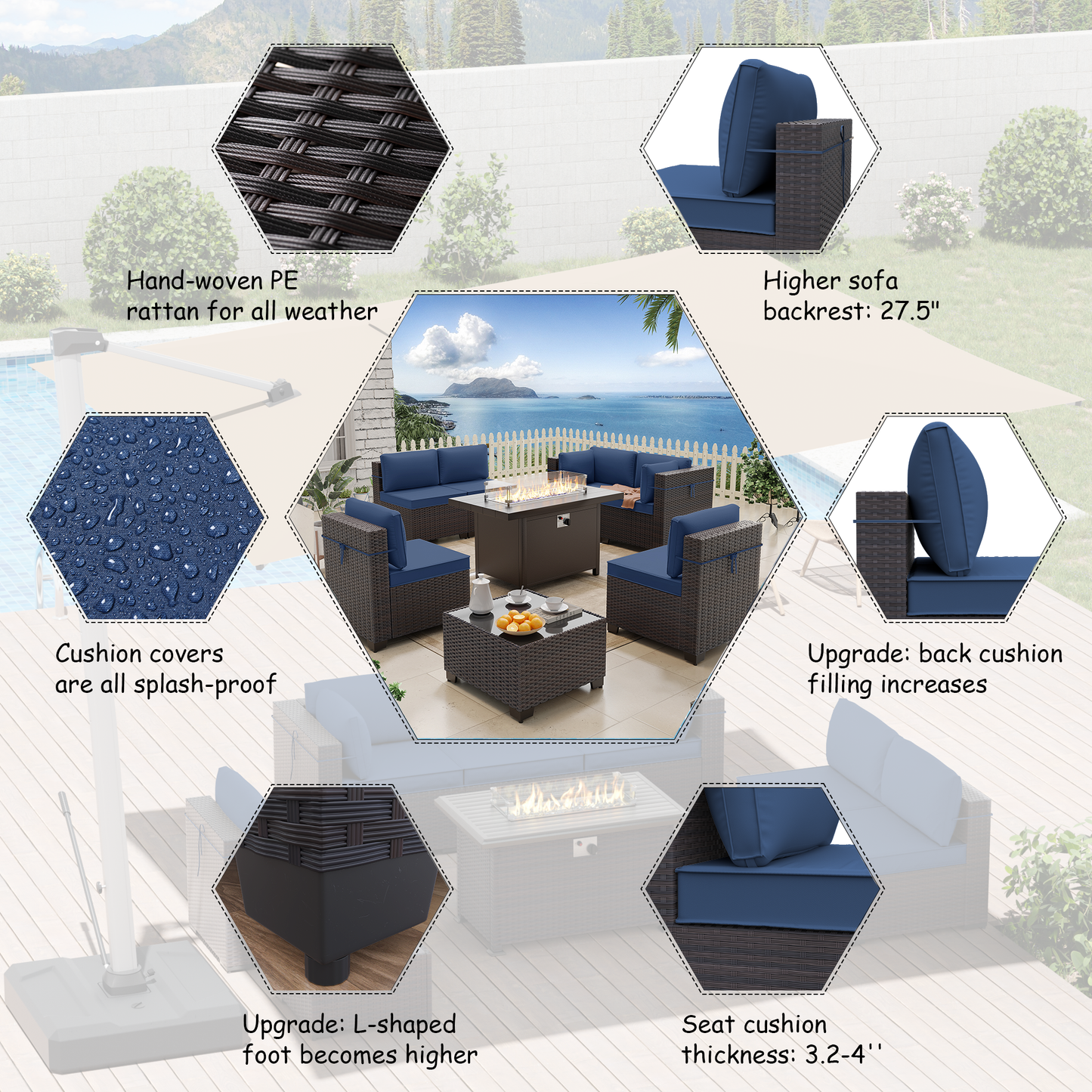 ALAULM 8 Pcs Patio Furniture Set withStainless Steel Gas Fire Pit Table, Brown/Blue
