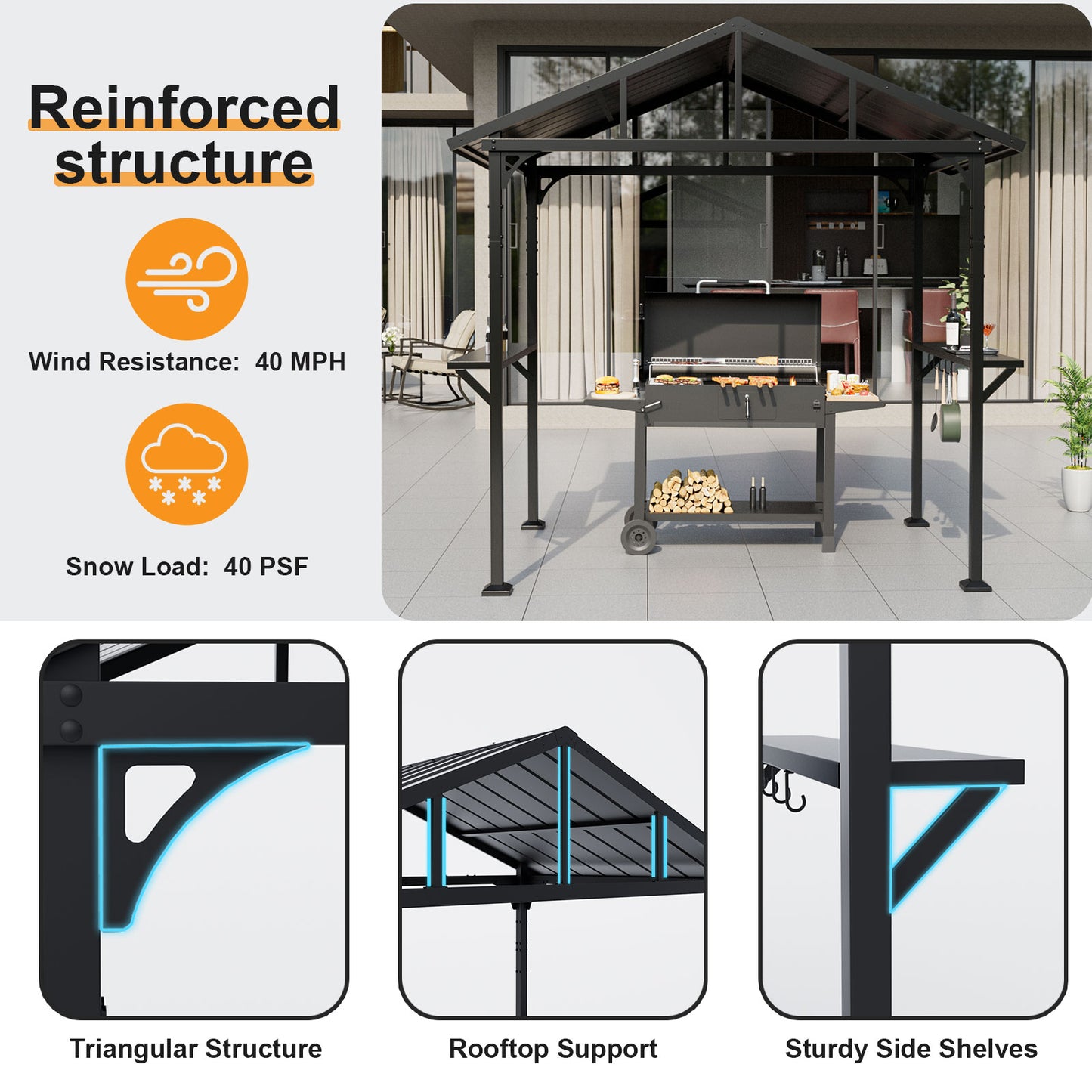 ALAULM 8'x 5' Hardtop Grill Gazebo, Outdoor BBQ Metal Roof Canopy with 2 Metal Side Shelves & 5 Tool Hooks for Patio, Garden, Backyard, Poolside (Black)