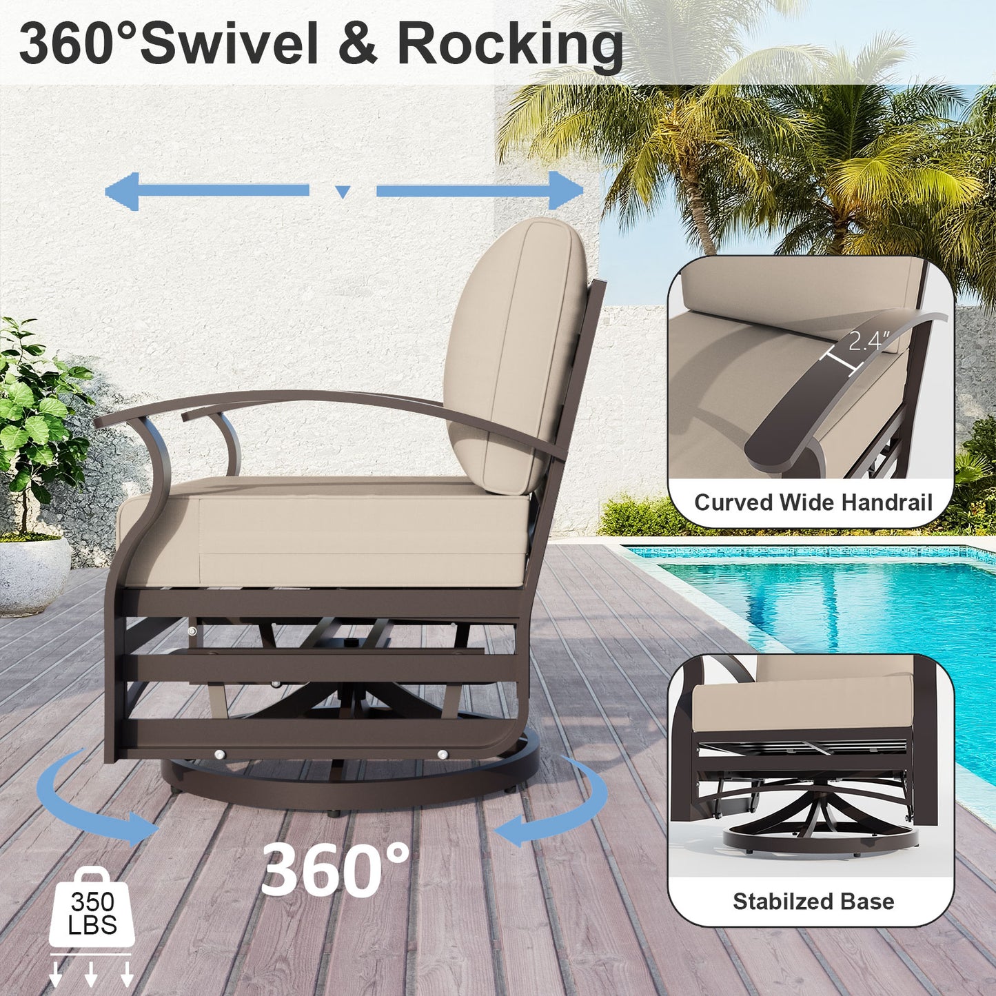 ALAULM Aluminum Outdoor Single Swivel Chair Set with 5.1" High-Resilience Seat Cushions, Removable Cushions for Backyard, Lawn, Porch