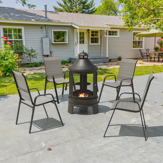 ALAULM 5 Pieces All Weather Patio Dining Set, 4 Stackable High Back Textilene Chairs with Metal Frame & Outdoor Chiminea Fire Pit Table, Outdoor Furniture Set for Backyard Garden Deck, Brown