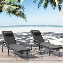 Load image into Gallery viewer, 3-Piece Outdoor Wicker Chaise Lounge with Armrests and Black Cushions.
