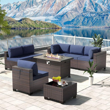 Load image into Gallery viewer, Kullavik 8 Pieces Outdoor Patio Furniture Set with 43&quot; 55000BTU Gas Propane Fire Pit Table PE Wicker Rattan Sectional Sofa Patio Conversation Sets,Dark Blue
