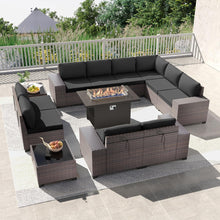 Load image into Gallery viewer, Kullavik 13 Pieces Outdoor Patio Furniture Set with 43&quot; 55000BTU Metal Gas Propane Fire Pit Table PE Wicker Rattan Sectional Sofa Patio Conversation Sets

