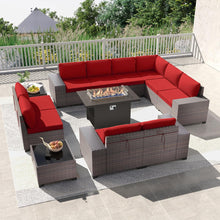 Load image into Gallery viewer, Kullavik 13 Pieces Outdoor Patio Furniture Set with 43&quot; 55000BTU Metal Gas Propane Fire Pit Table PE Wicker Rattan Sectional Sofa Patio Conversation Sets
