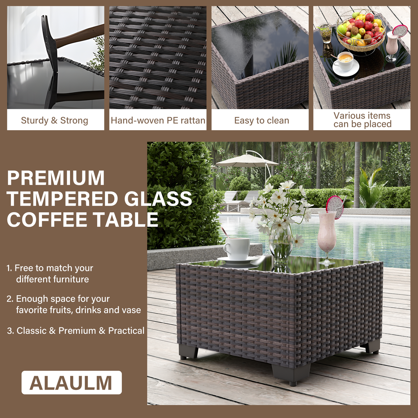 ALAULM 8 Pcs Patio Furniture Set withStainless Steel Gas Fire Pit Table, Brown/Blue