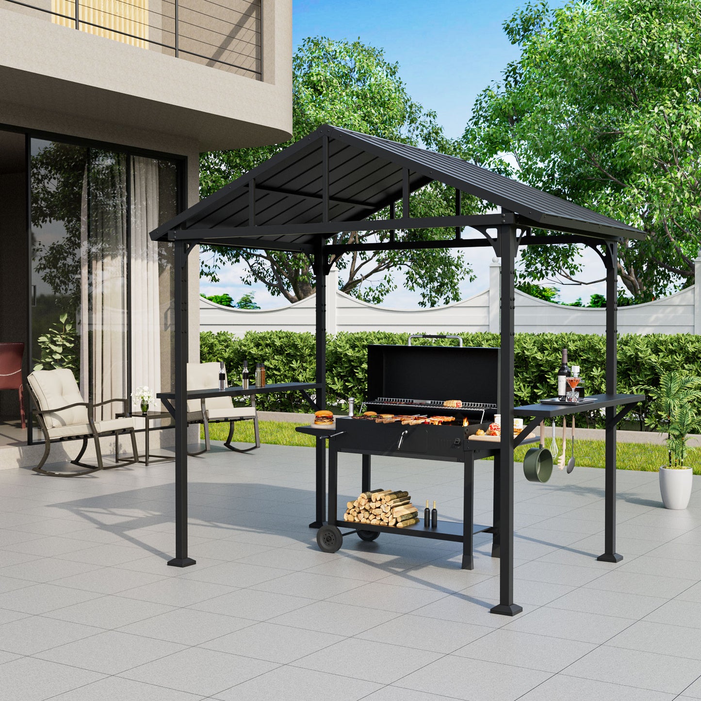 ALAULM 8'x 5' Hardtop Grill Gazebo, Outdoor BBQ Metal Roof Canopy with 2 Metal Side Shelves & 5 Tool Hooks for Patio, Garden, Backyard, Poolside (Black)
