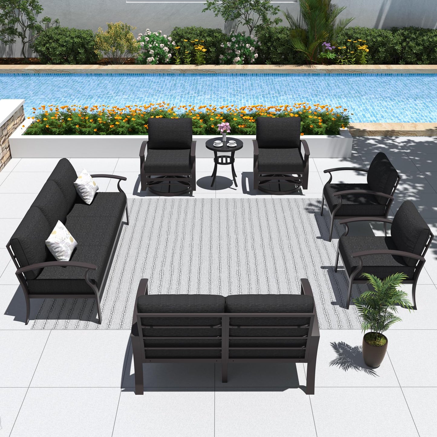 ALAULM 9-Seat Aluminum Patio Furniture Set with 2 Swivel Chairs & 5.1" Cushions
