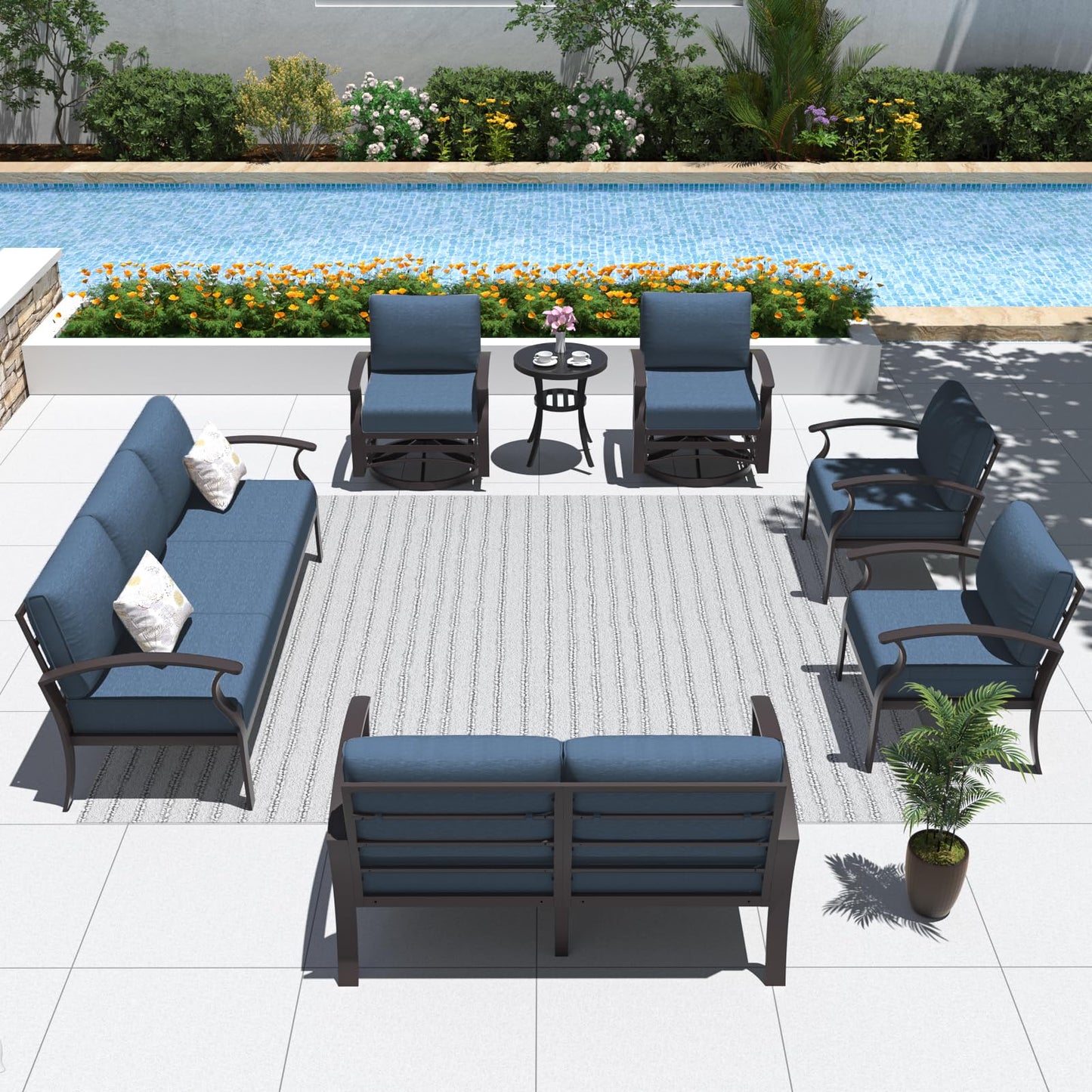ALAULM 9-Seat Aluminum Patio Furniture Set with 2 Swivel Chairs & 5.1" Cushions
