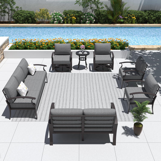 ALAULM 9-Seat Aluminum Patio Furniture Set with 2 Swivel Chairs & 5.1" Cushions