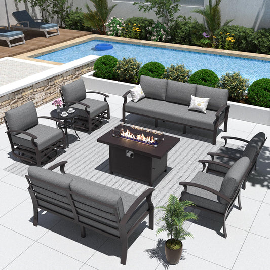 ALAULM 9-Seat Aluminum Patio Furniture Set with CSA-Certified Fire Pit Table & Swivel Chairs