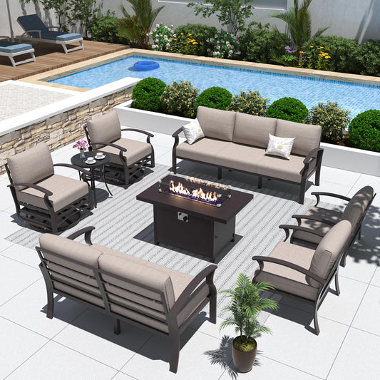 ALAULM 9-Seat Aluminum Patio Furniture Set with CSA-Certified Fire Pit Table & Swivel Chairs