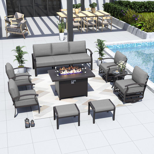 ALAULM 9-Seat Aluminum Patio Furniture Set with Fire Pit, Swivel Chairs & Ottomans