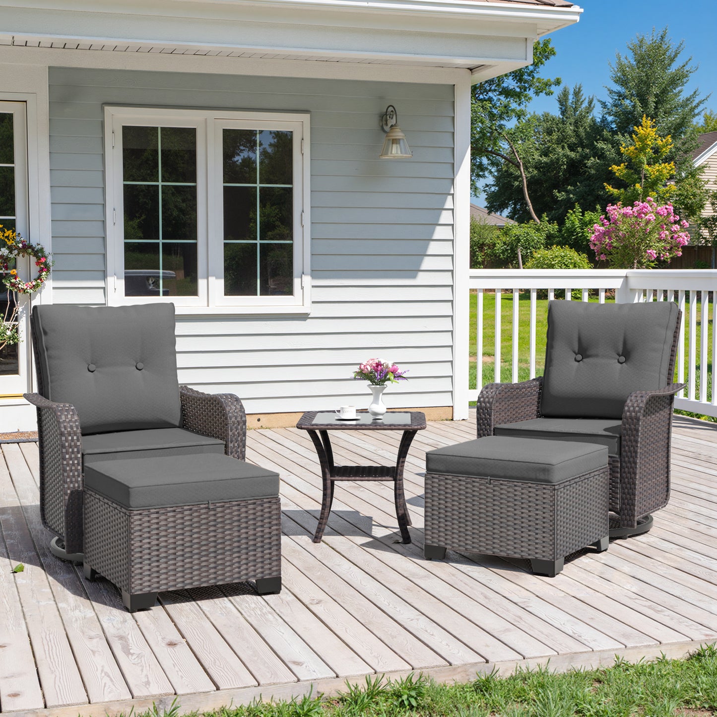 ALAULM 5 Pieces Patio Furniture Set with 4" Thick Cushions, 2 High Back Outdoor Swivel Rocker Chairs with 2 Ottoman & Side Table, 5-Piece All Weather Chairs Set for Porch Deck Pool Yard