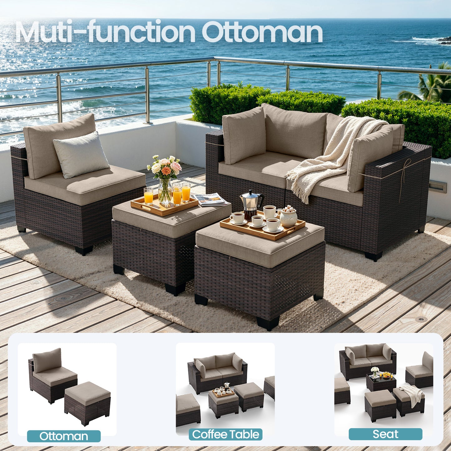 ALAULM 9PCS Outdoor Conversation Set, Thick Backrest Patio PE Rattan Wicker Sectional Sofas with Ottoman for Backyard, Porch, Sand