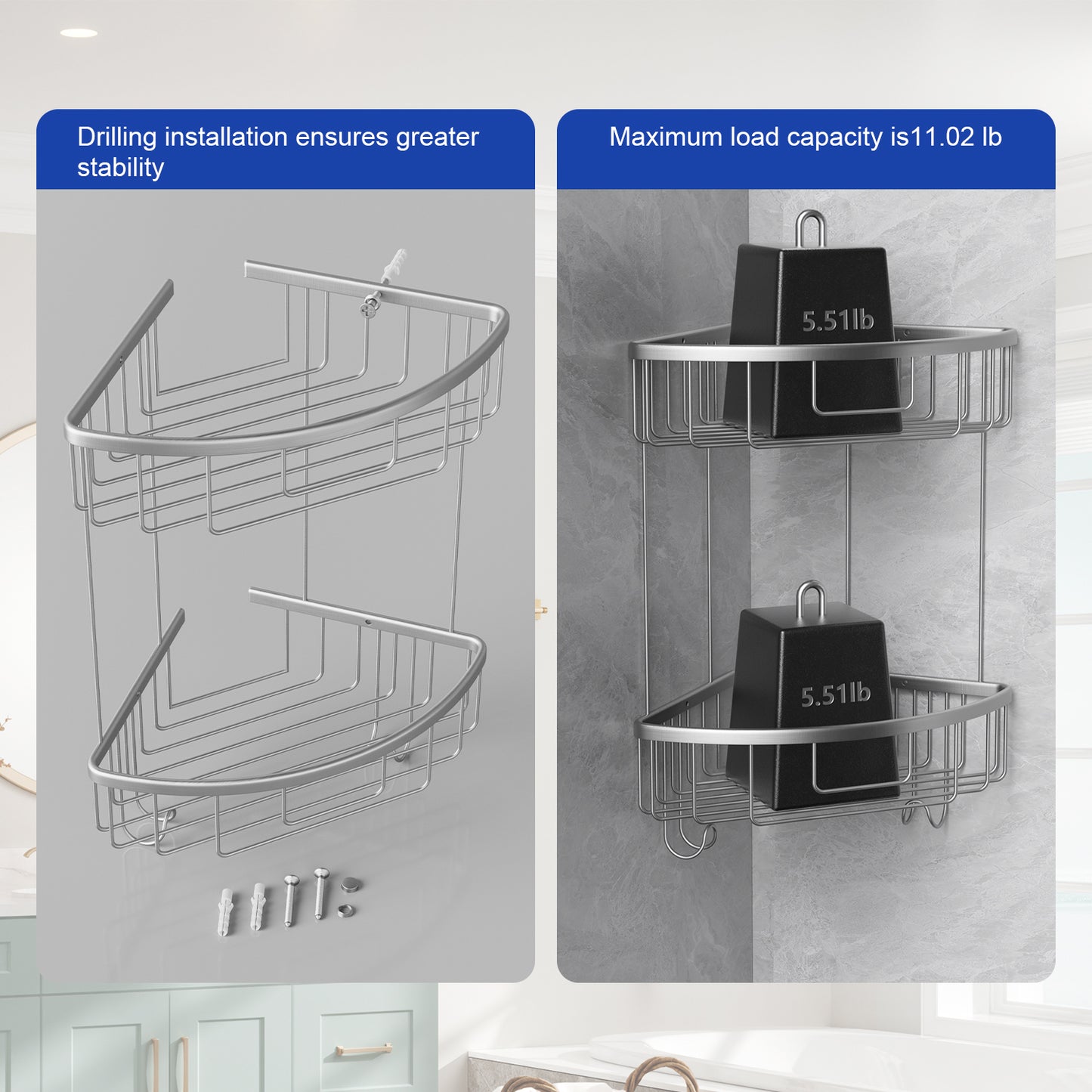 ALAULM Aluminum Alloy Wall-Mounted Shower Corner Rack Triangular Storage Caddy for Bathroom,Matte Silver