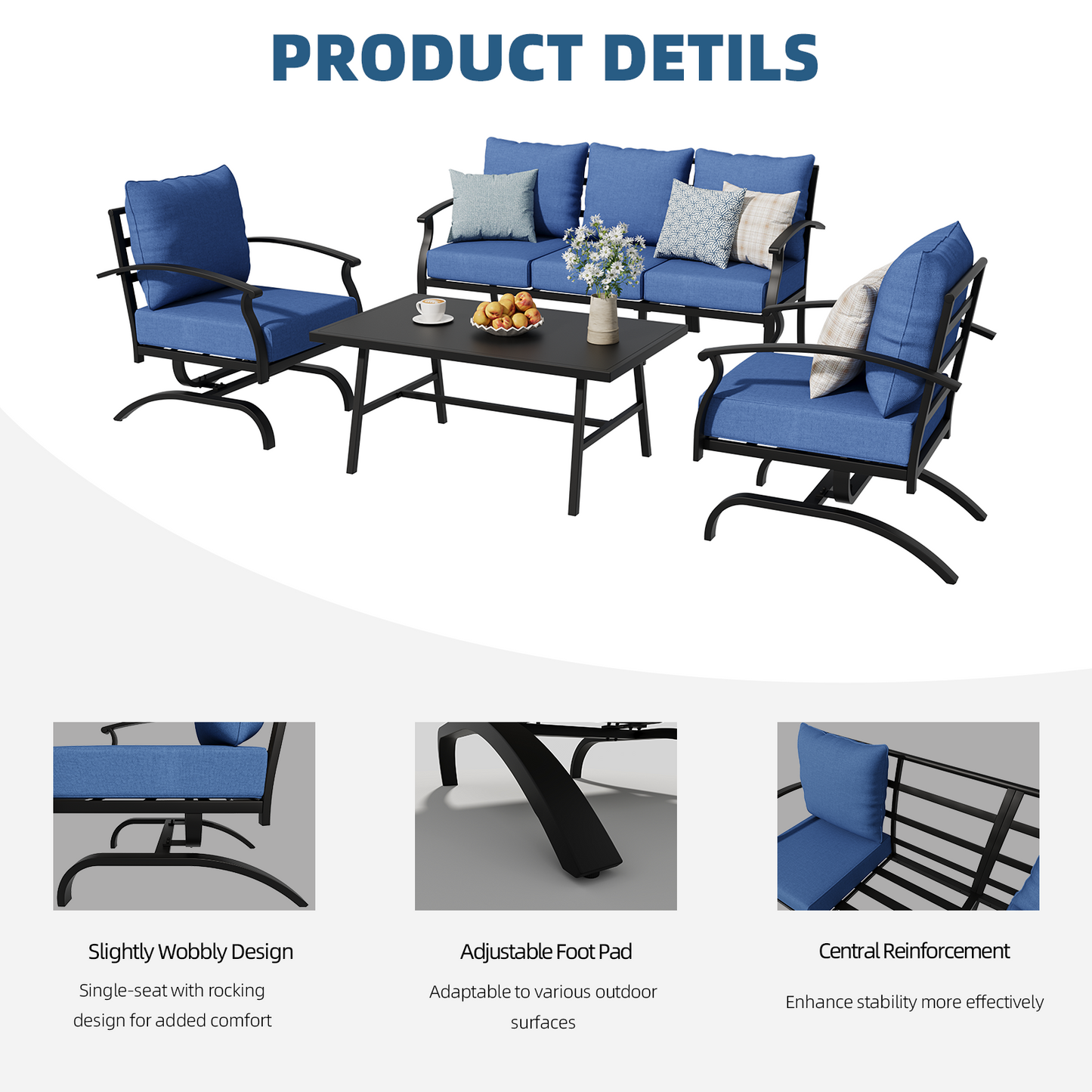 ALAULM 4 Piece Patio Furniture Set,Outdoor Metal Patio Furniture with Coffee Table & Rocking Chairs Conversation Set for Porch,Backyard,Poolside, Garden