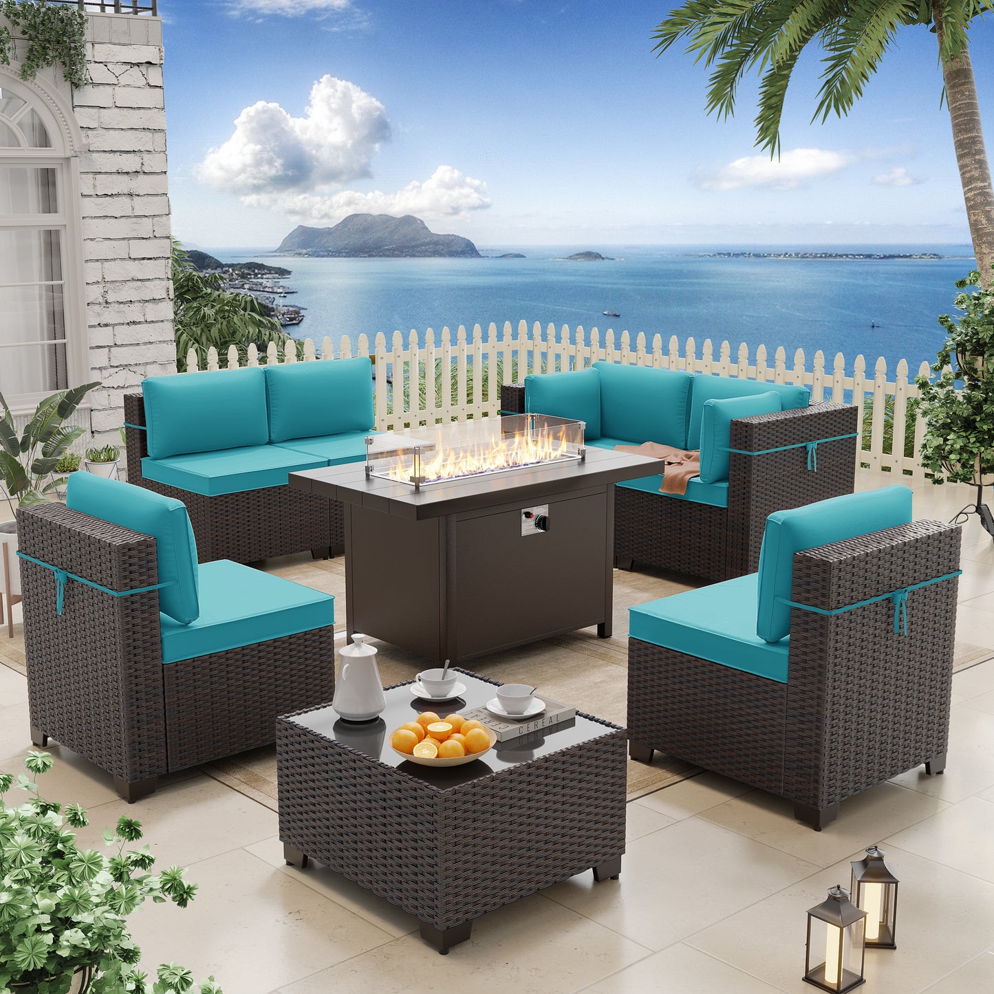 ALAULM 8 Pcs Patio Furniture Set withStainless Steel Gas Fire Pit Table, Brown/Blue