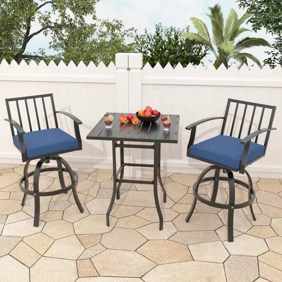 ASJMR 3 Pieces Patio Swivel Bar Set, Outdoor Metal Bar Stools for 2, High Top Table & Cushioned Chairs for Backyard, Poolside, Porch, Khaki