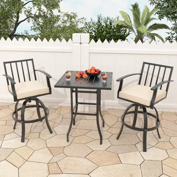 ASJMR 3 Pieces Patio Swivel Bar Set, Outdoor Metal Bar Stools for 2, High Top Table & Cushioned Chairs for Backyard, Poolside, Porch, Khaki