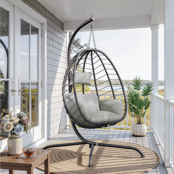ASJMR Outdoor Hanging Egg Chair with Stand, Foldable Wicker Patio Swing Chair with Removable Cushion and Headrest,Grey