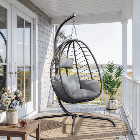 ASJMR Outdoor Hanging Egg Chair with Stand, Foldable Wicker Patio Swing Chair with Removable Cushion and Headrest,Grey