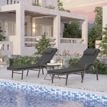 Load image into Gallery viewer, 3-Piece Outdoor Wicker Chaise Lounge with Armrests and Black Cushions.
