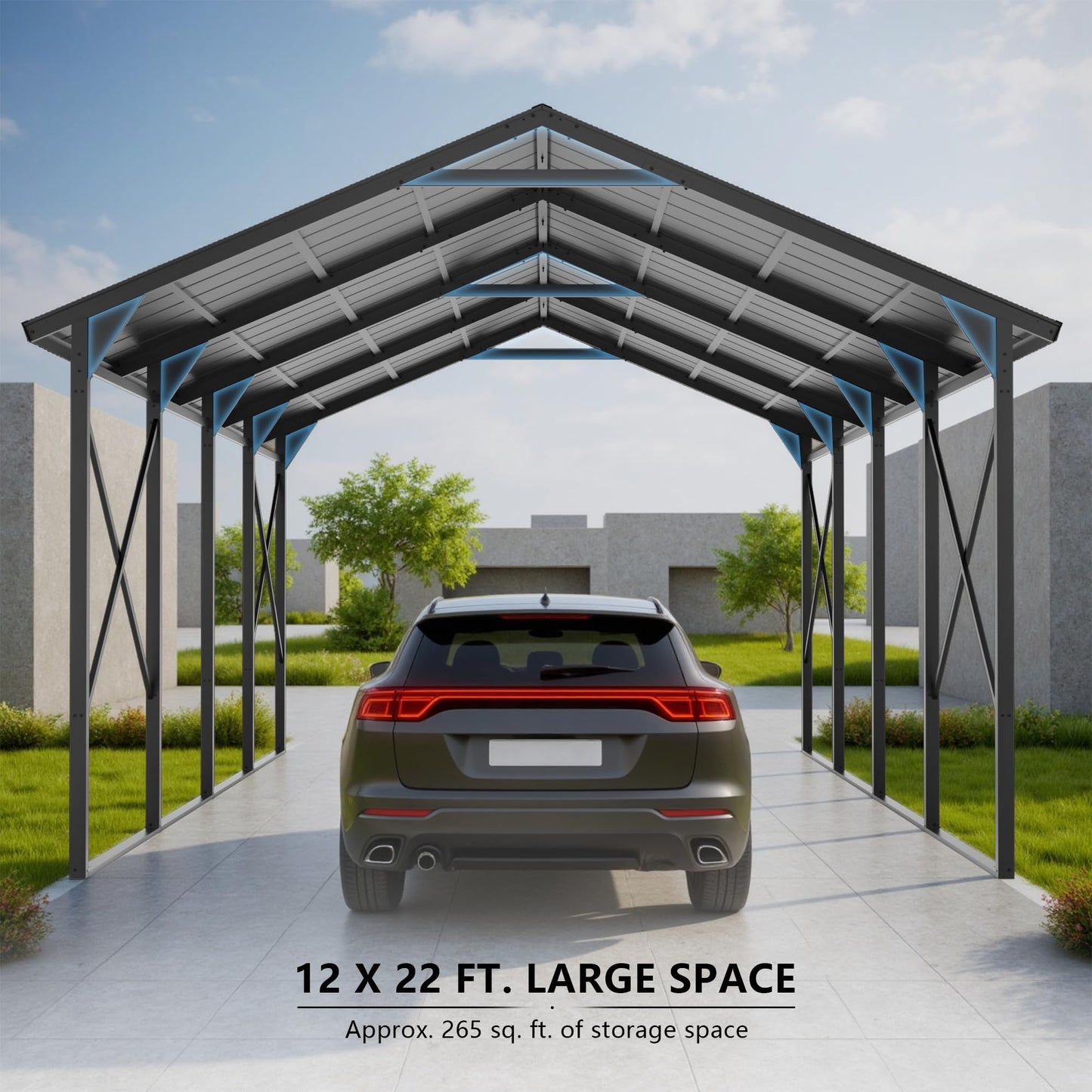 ALAULM 12x22 FT Heavy Duty Carport with Galvanized Steel Roof and Enhanced Frame, Durable Metal All Weather Carport Garage for Cars,Trucks,Boats,and Tractors-Grey