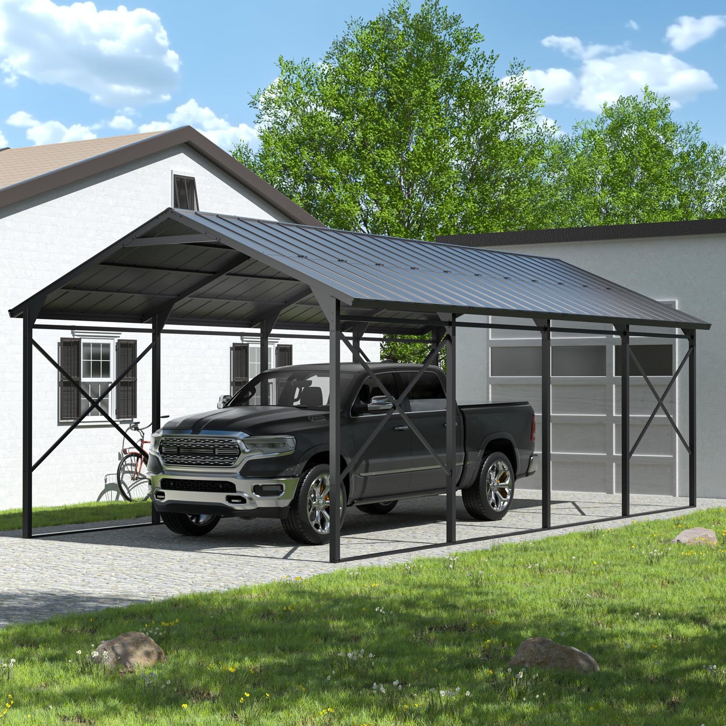 ALAULM 12x22 FT Heavy Duty Carport with Galvanized Steel Roof and Enhanced Frame, Durable Metal All Weather Carport Garage for Cars,Trucks,Boats,and Tractors-Grey