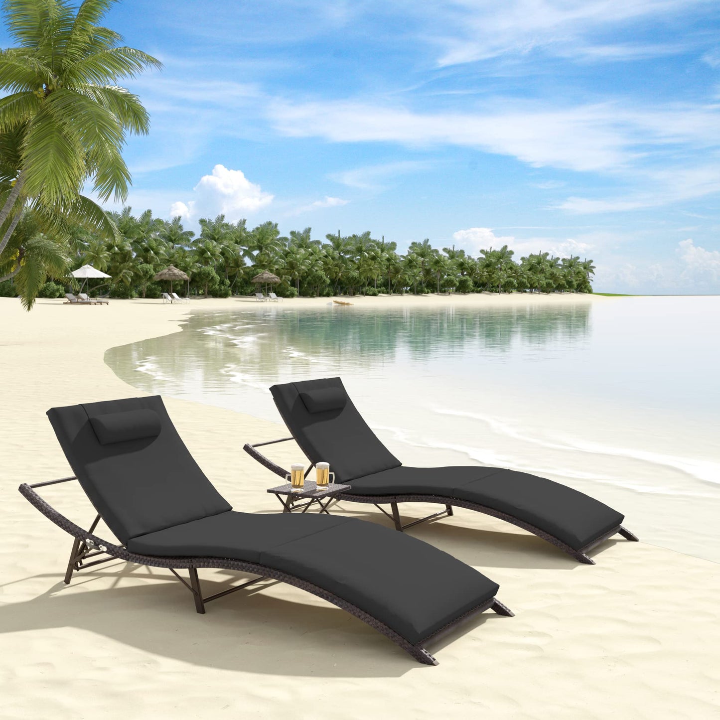 ALAULM 3 Pieces Outdoor Chaise Lounge Set w/Folding Table,Patio Recliner for Beach, Poolside