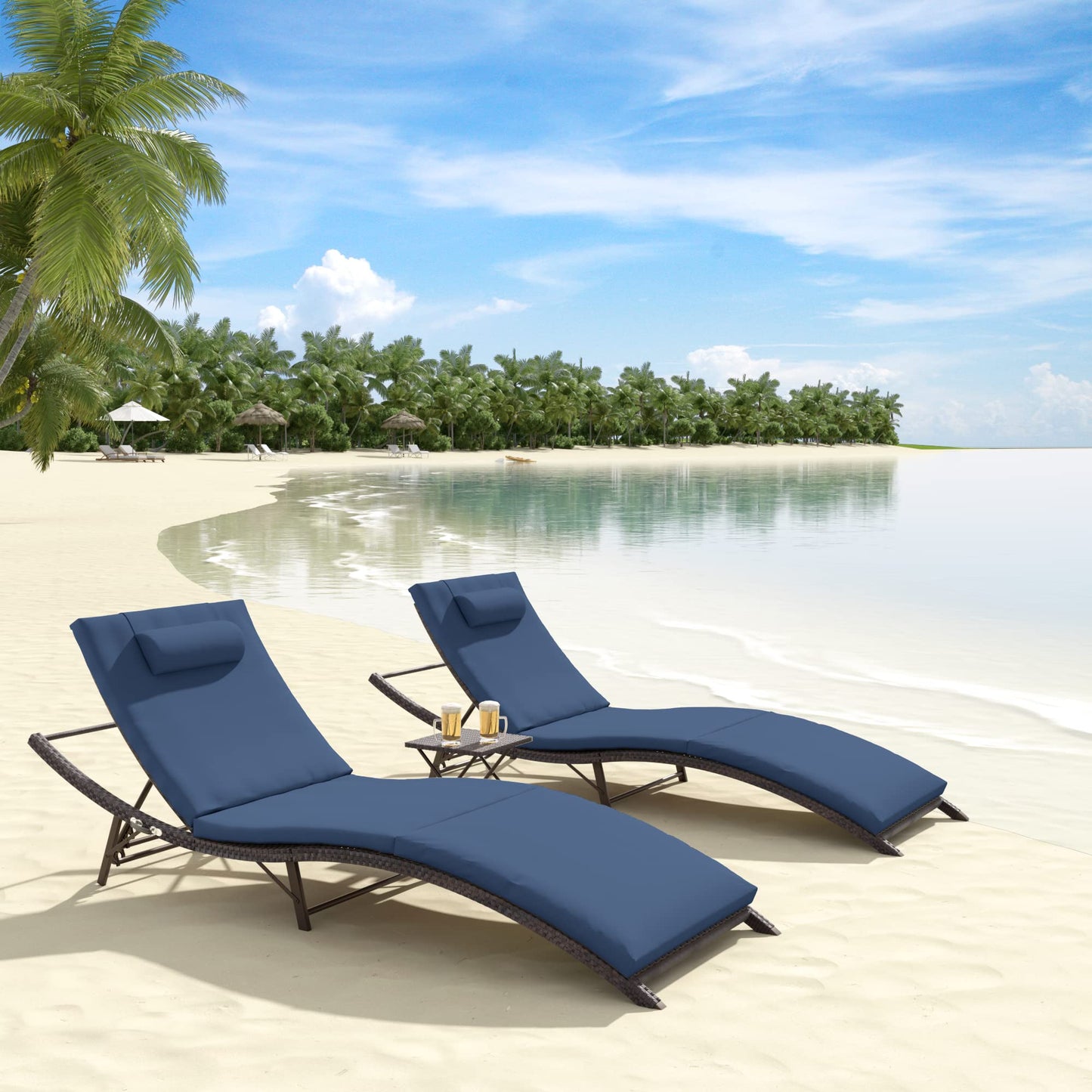 ALAULM 3 Pieces Outdoor Chaise Lounge Set w/Folding Table,Patio Recliner for Beach, Poolside