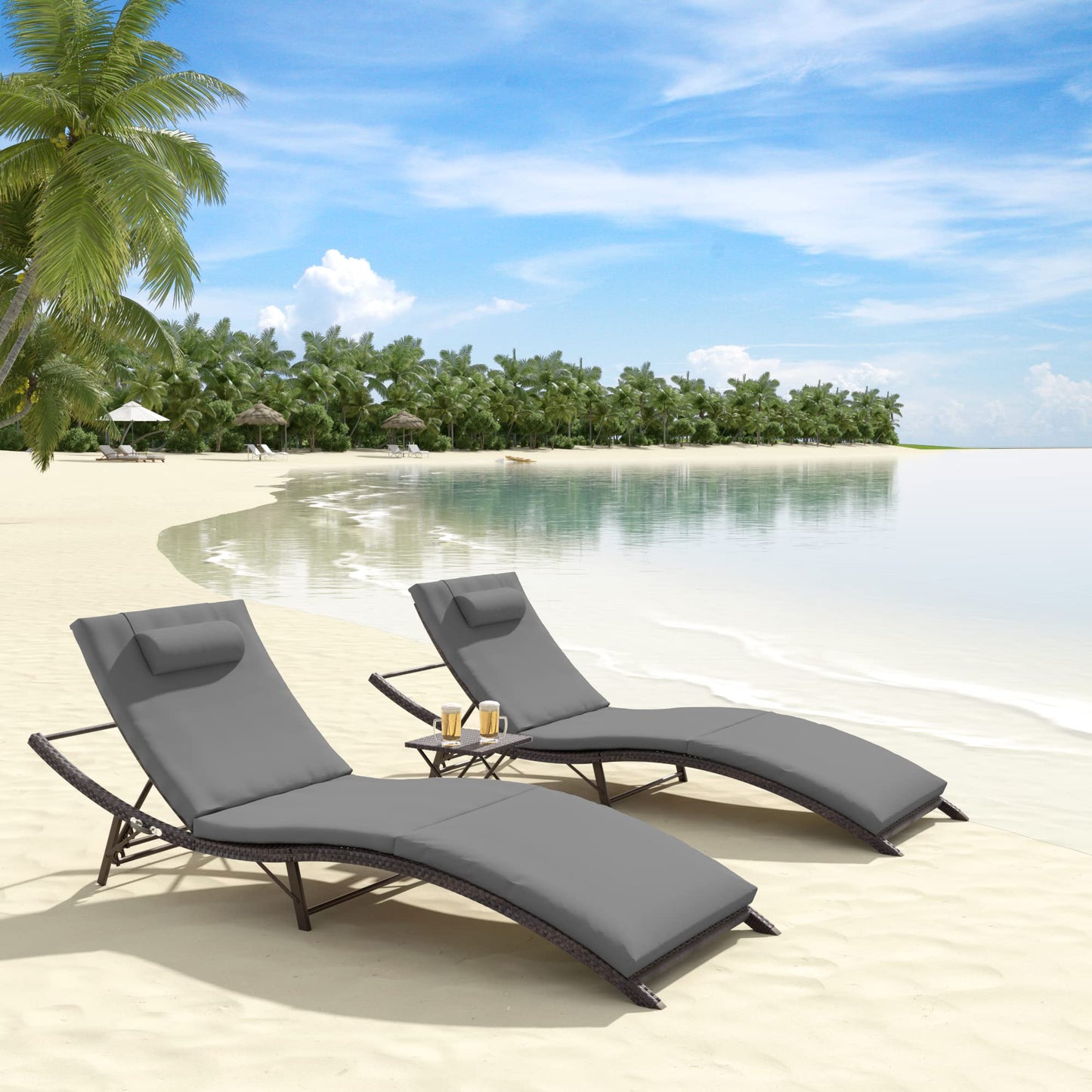 ALAULM 3 Pieces Outdoor Chaise Lounge Set w/Folding Table,Patio Recliner for Beach, Poolside