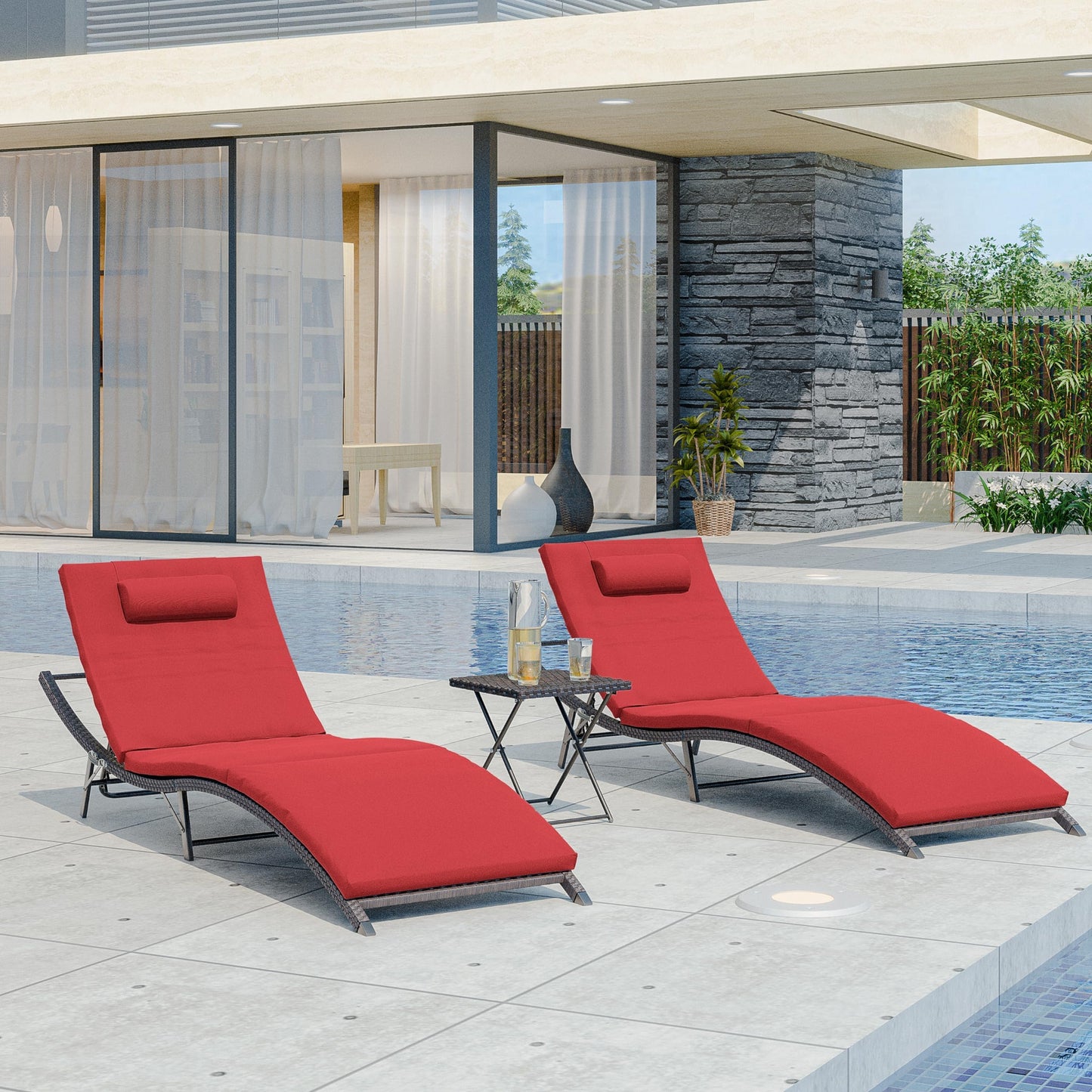 ALAULM 3 Pieces Outdoor Chaise Lounge Set w/Folding Table,Patio Recliner for Beach, Poolside