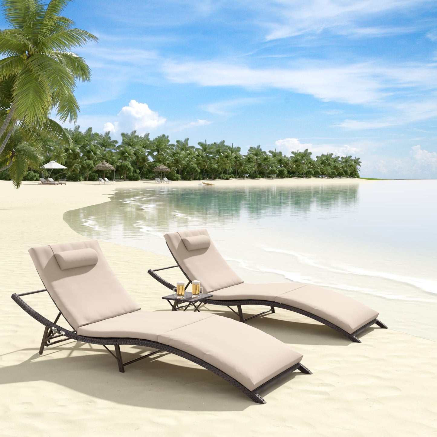 ALAULM 3 Pieces Outdoor Chaise Lounge Set w/Folding Table,Patio Recliner for Beach, Poolside