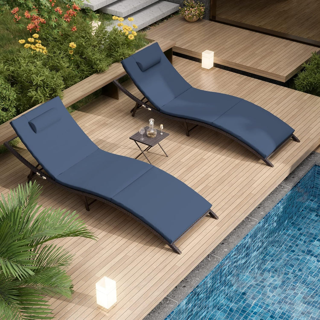 3-Piece Outdoor Foldable Chaise Lounge in Navy Cushion with Side Table