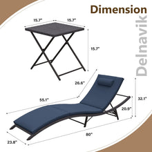 Load image into Gallery viewer, 3-Piece Outdoor Foldable Chaise Lounge in Navy Cushion with Side Table
