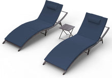 Load image into Gallery viewer, 3-Piece Outdoor Foldable Chaise Lounge in Navy Cushion with Side Table
