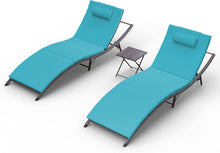Load image into Gallery viewer, 3-Piece Outdoor Foldable Chaise Lounge in Turquoise Cushion with Side Table
