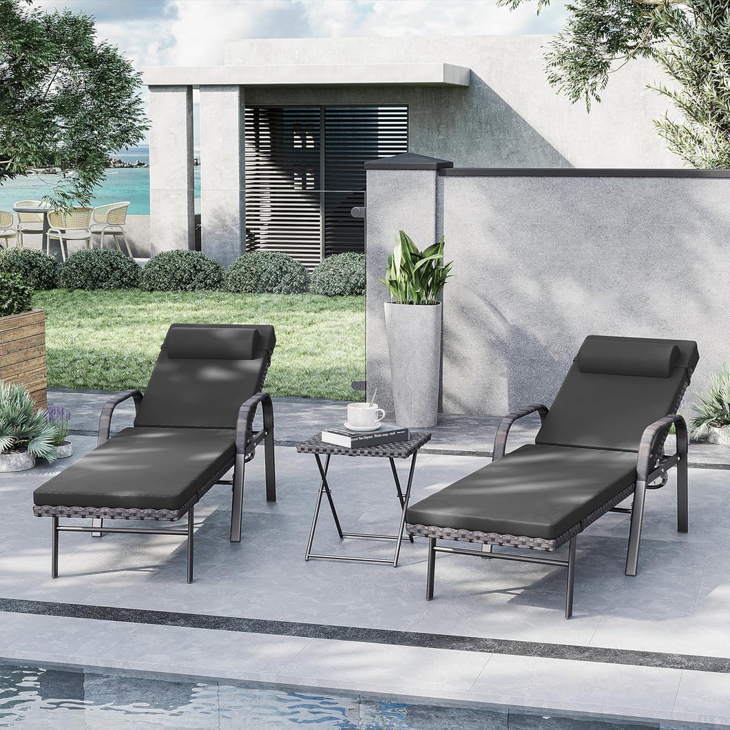 3-Piece Outdoor Wicker Chaise Lounge with Armrests and Black Cushions.