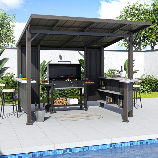 ALAULM 10'x 10' Hardtop Grill Gazebo, Outdoor BBQ Gazebo with Storage Shelves and Expansion Platform,