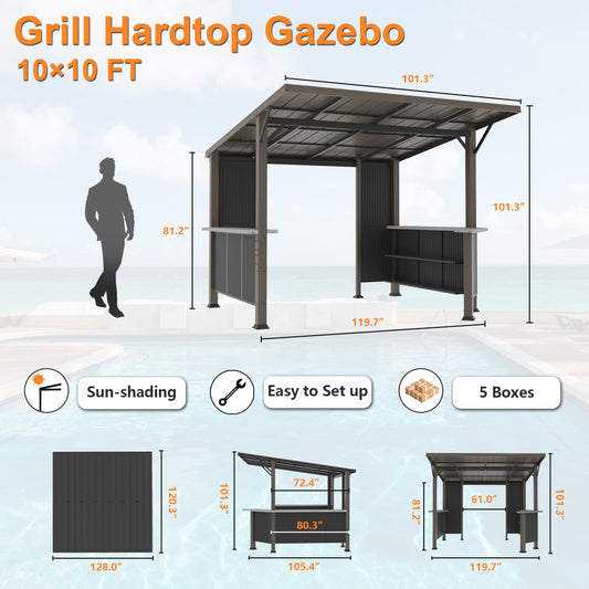 ALAULM 10'x 10' Hardtop Grill Gazebo, Outdoor BBQ Gazebo with Storage Shelves and Expansion Platform,