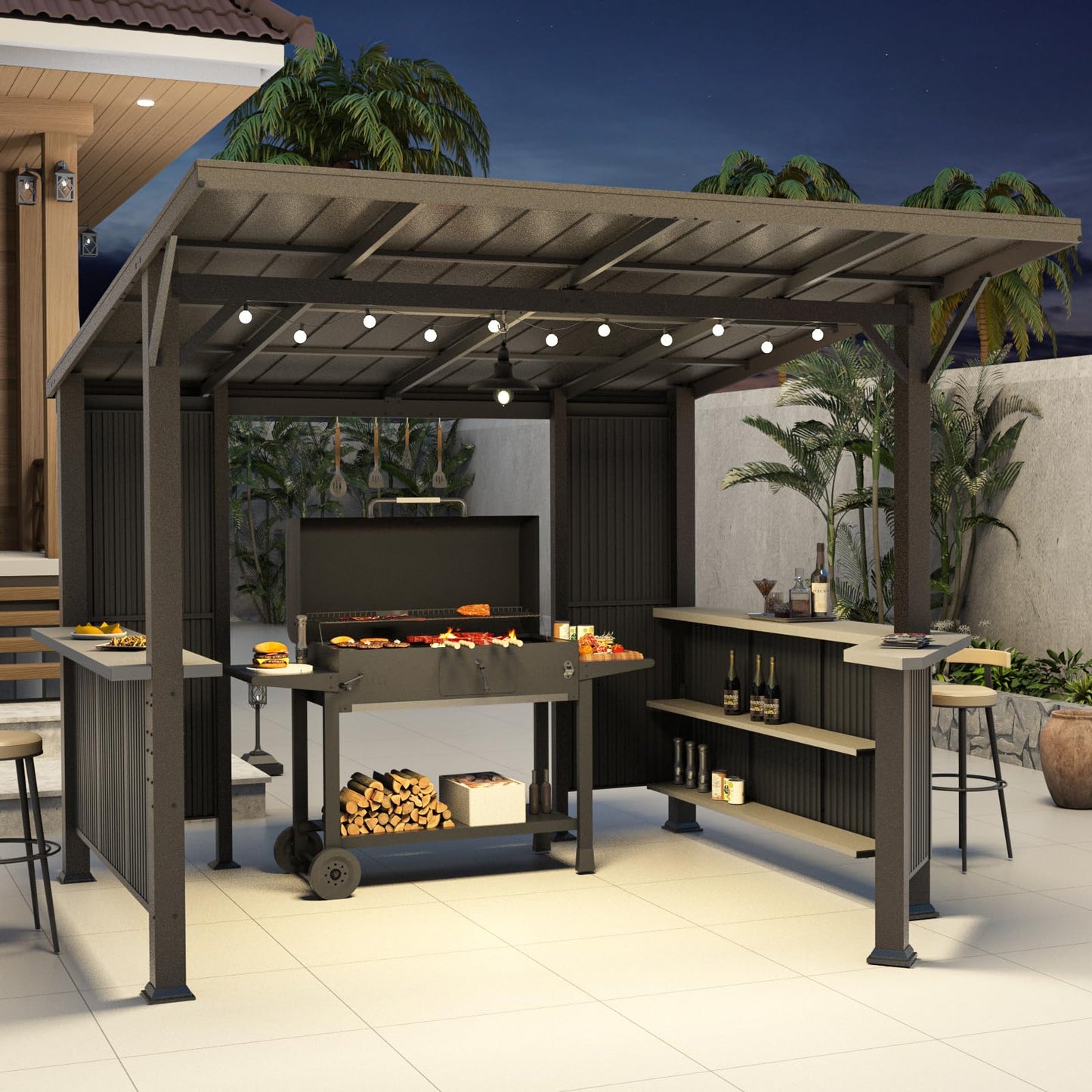 ALAULM 10'x 10' Hardtop Grill Gazebo, Outdoor BBQ Gazebo with Storage Shelves and Expansion Platform,