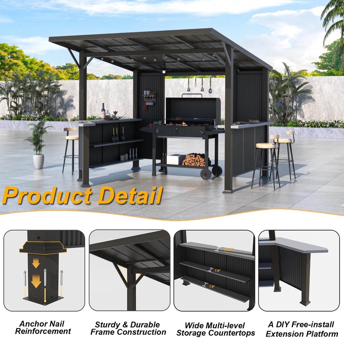 ALAULM 10'x 10' Hardtop Grill Gazebo, Outdoor BBQ Gazebo with Storage Shelves and Expansion Platform,