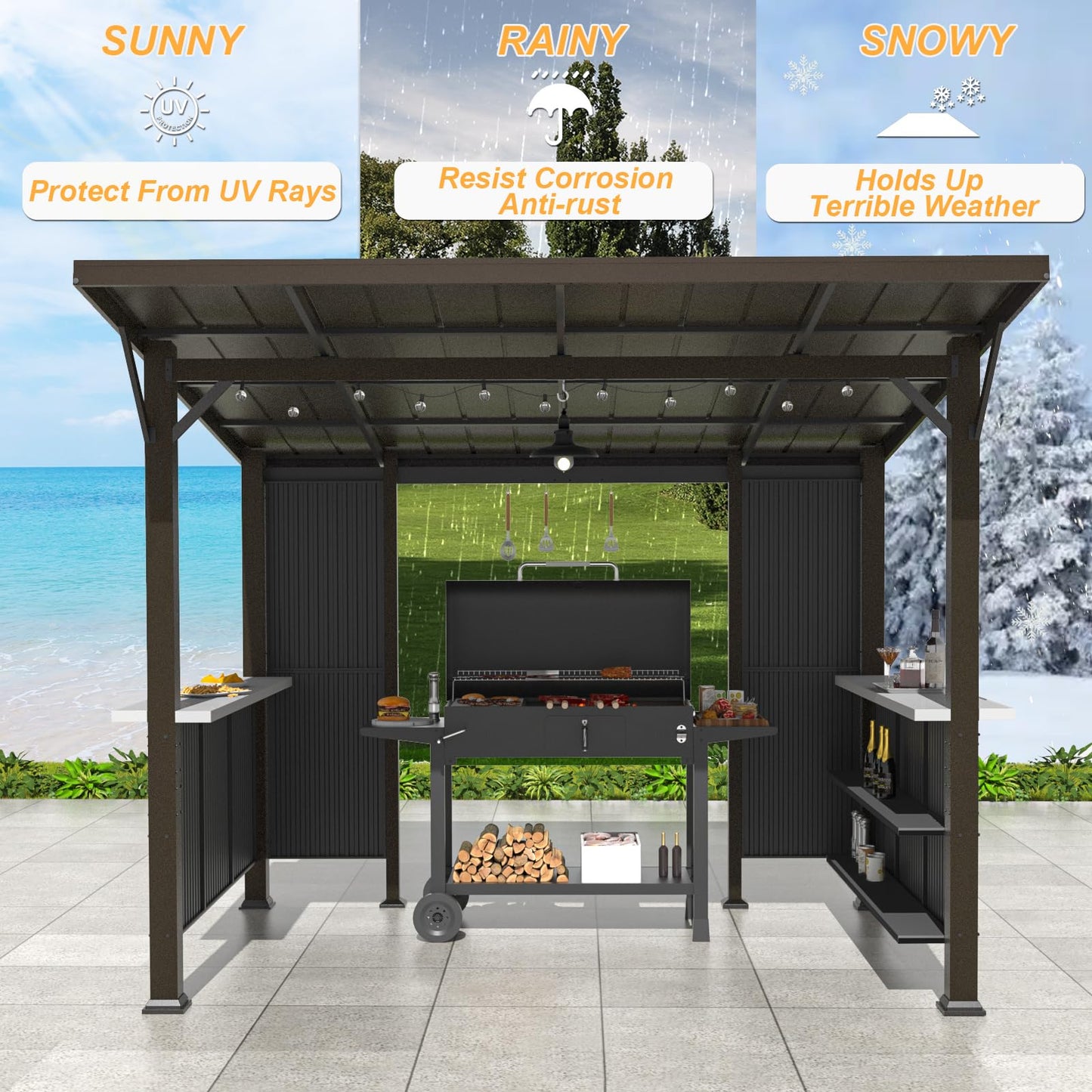 ALAULM 10'x 10' Hardtop Grill Gazebo, Outdoor BBQ Gazebo with Storage Shelves and Expansion Platform,