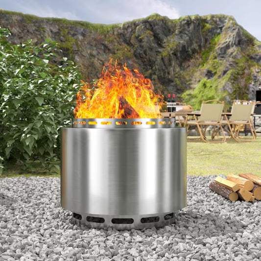 Gotland 19 inch Smokeless Fire Pit Stove with Ash Poker & Carry Bag, Outdoor Stainless Steel Portable Wood Burning Fireplace for Camping and Picnic - Silver